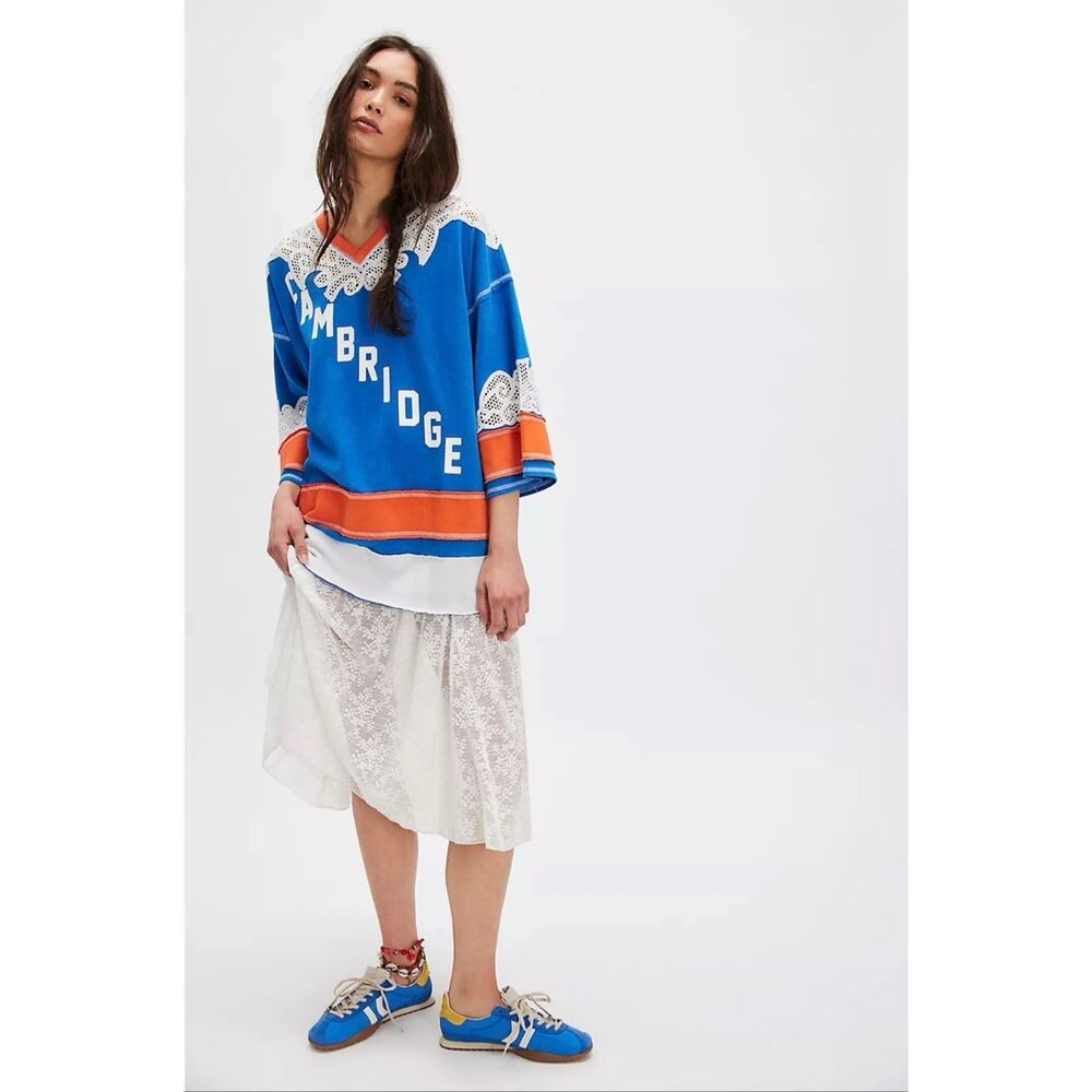 We The Free People Stanley Oversized Jersey Tee Lace Inlay Cambridge Size M